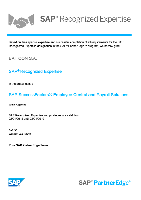 Reconocimiento SAP Recognized Expertise SuccessFactors Employee Central and Payroll Solutions